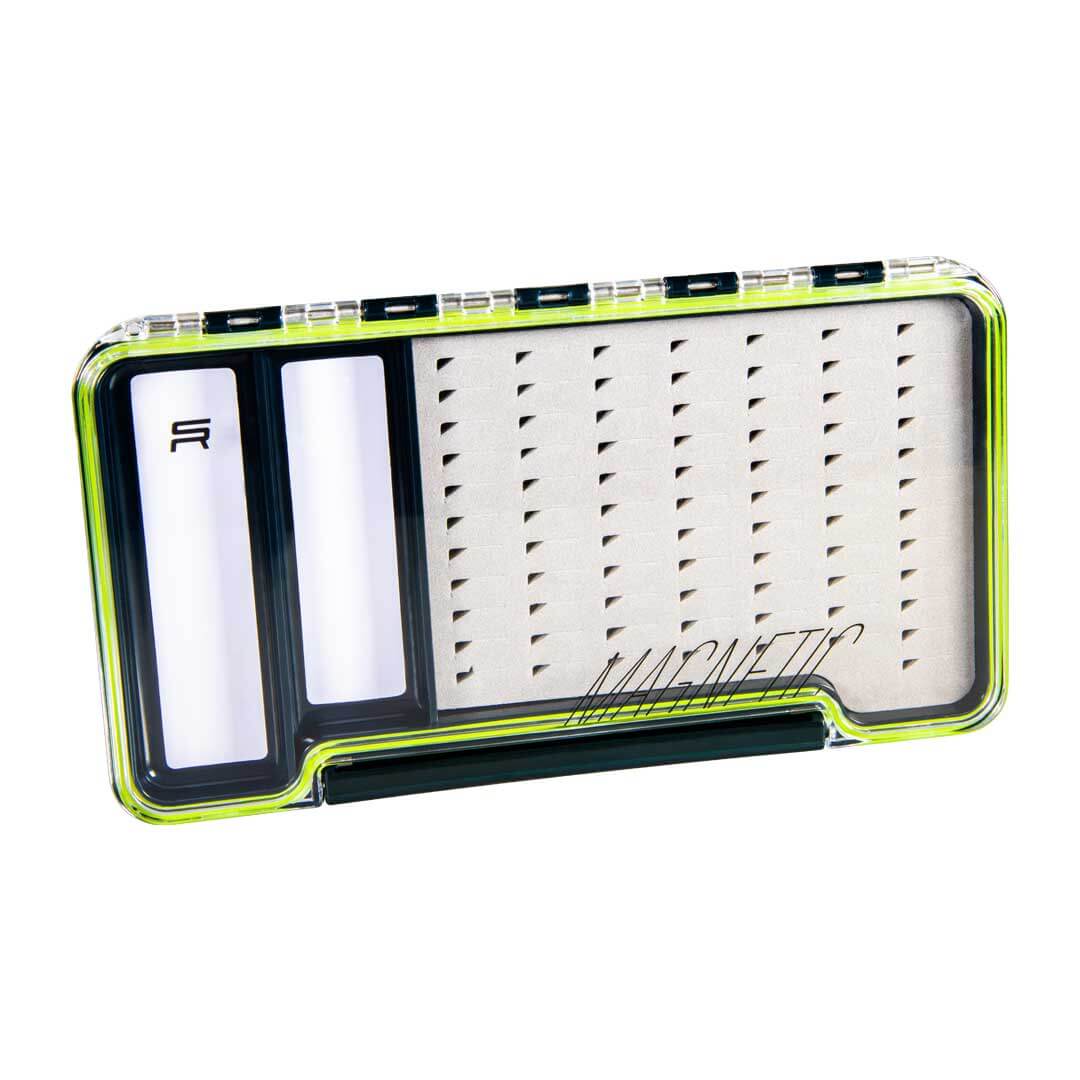 Large Fly Box for Medium & Large Flies - 2 Magnetic Strips 2 MAGNETIC white compartments hold flies automatically Slimline fly box that hold 77 medium & large sized flies in foam slits 2 Magnetic white 'working patterns' compartments that prevent flies being blown away. We use these for our tray of flies that we've used through the days fishing. Clear view lids make fly selection easy and quick 18.8cm Length x 10.3cm Wide x 1.7cm Deep Flies not included
