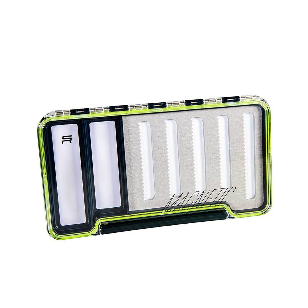 Large Fly Box for Small & Medium Flies - 2 Magnetic Strips 2 MAGNETIC white compartments hold flies automatically Slimline fly box that hold 91 small & medium sized flies in foam slits 2 Magnetic white 'working patterns' compartments that prevent flies being blown away. We use these for our tray of flies that we've used through the days fishing. Clear view lids make fly selection easy and quick 18.8cm Length x 10.3cm Wide x 1.7cm Deep Flies not included