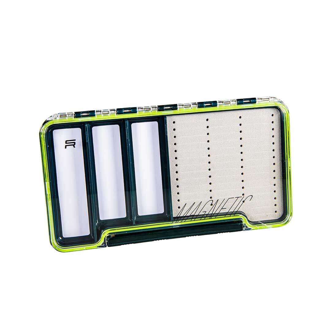 Large Fly Box for Large Flies - 3 Magnetic Strips 3 MAGNETIC white compartments hold flies automatically Slimline fly box that hold 41 large sized flies in foam slits 3 Magnetic white 'working patterns' compartments that prevent flies being blown away. We use these for our tray of flies that we've used through the days fishing. Clear view lids make fly selection easy and quick 18.8cm Length x 10.3cm Wide x 1.7cm Deep Flies not included