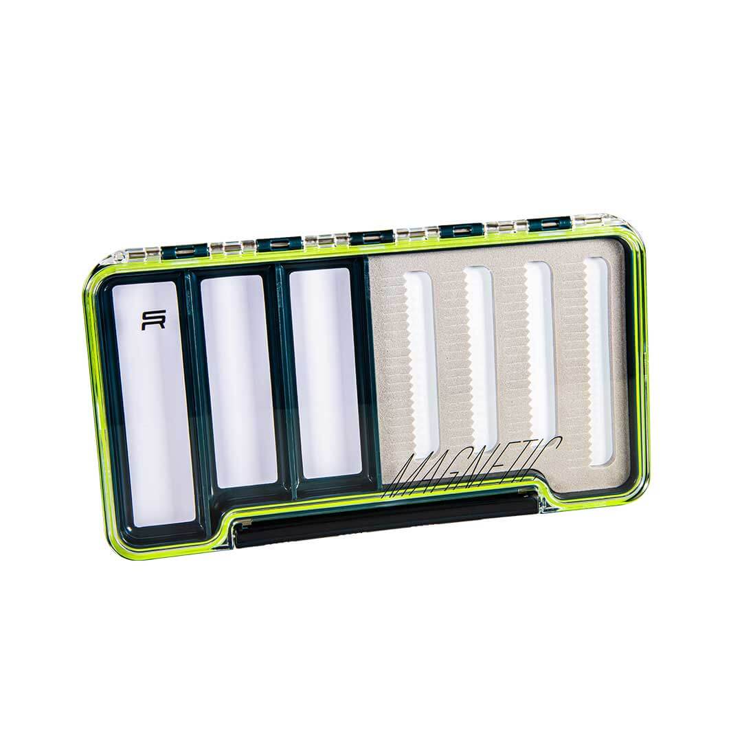 Large Fly Box for Small Flies - 3 Magnetic Strips 3 MAGNETIC white compartments hold flies automatically Slimline fly box that holds 69 small flies in foam slits 3 Magnetic white 'working patterns' compartments that prevent flies being blown away. We use these for our tray of flies that we've used through the days fishing. Clear view lids make fly selection easy and quick 18.8cm Length x 10.3cm Wide x 1.7cm Deep Flies not included