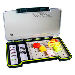 Large Fly Box for Medium & Large Flies - 2 Magnetic Strips 2 MAGNETIC white compartments hold flies automatically Slimline fly box that hold 77 medium & large sized flies in foam slits 2 Magnetic white 'working patterns' compartments that prevent flies being blown away. We use these for our tray of flies that we've used through the days fishing. Clear view lids make fly selection easy and quick 18.8cm Length x 10.3cm Wide x 1.7cm Deep Flies not included